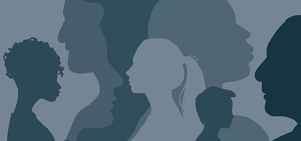 Cross cultural, racial equality, multi ethical, diversity people. woman and man power, empowerment, tolerance, discrimination. wide banner background of human profile silhouette, vector illustration.